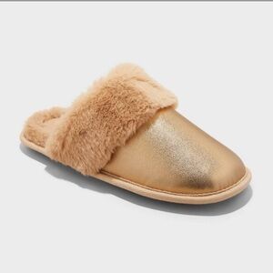 Auden Metallic Gold Faux-Fur Cuff Slip-On Slippers
